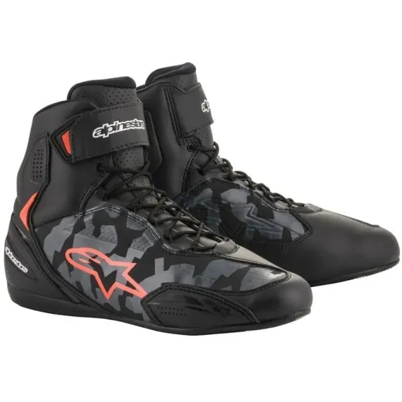 ZAPATILLAS ALPINESTARS FASTER-3 NEGRO GRIS CAMUFLAJE ROJO FLUOR