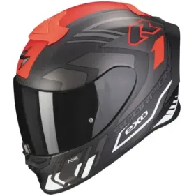 CASCO SCORPION EXO-R1 EVO CARBON AIR SUPRA NEGRO MATE PLATA BLANCO ROJO FLUOR