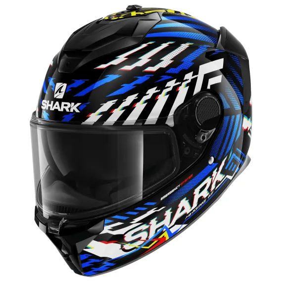 CASCO SHARK SPARTAN GT E-BRAKE CIERRE MICROMETRICO KYB NEGRO AMARILLO AZUL